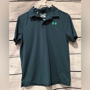 Under Armour Youth Boys Polo Shirt - Navy Blue with Green Stripes Golf YLG Large
